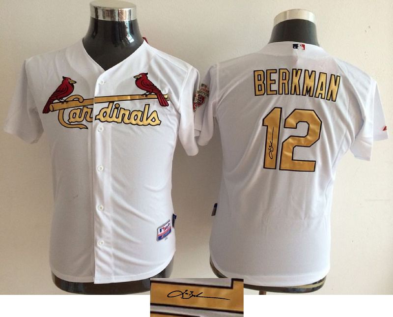Cardinals 12 Lance Berkman White With Gold Number Youth Signature Edition Cool Base Jersey