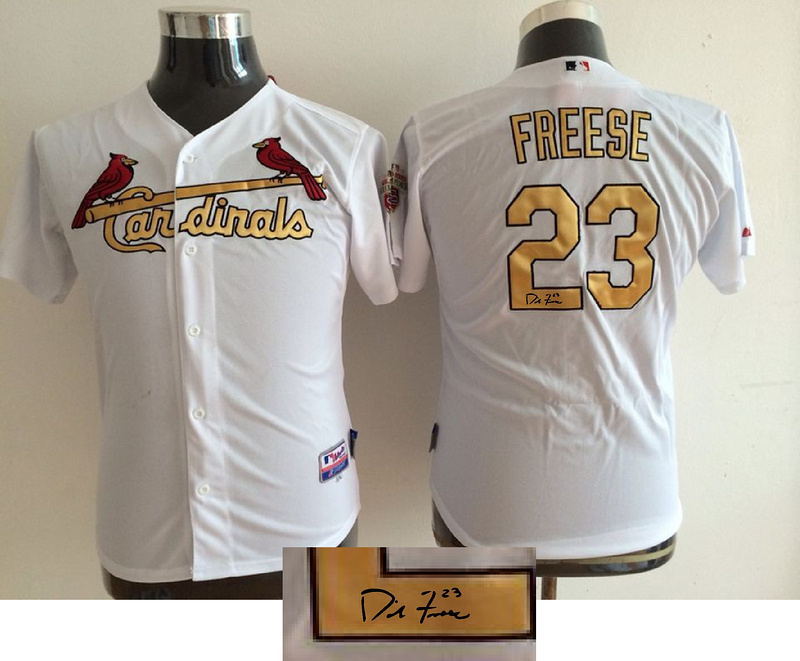 Cardinals 23 David Freese White With Gold Number Youth Signature Edition Cool Base Jersey