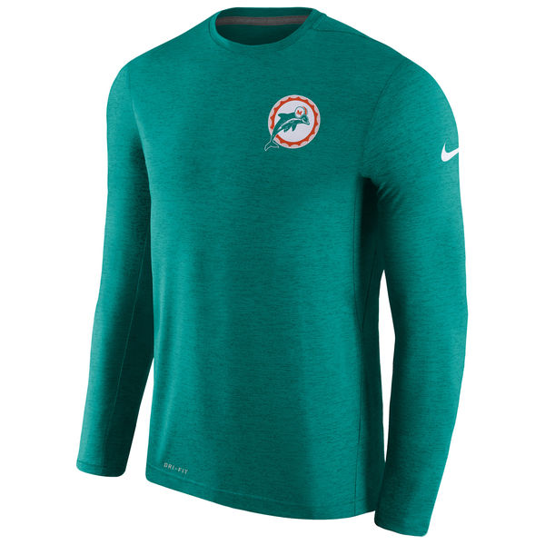 Men's Miami Dolphins Nike Aqua Coaches Retro Long Sleeve T-Shirt - Click Image to Close