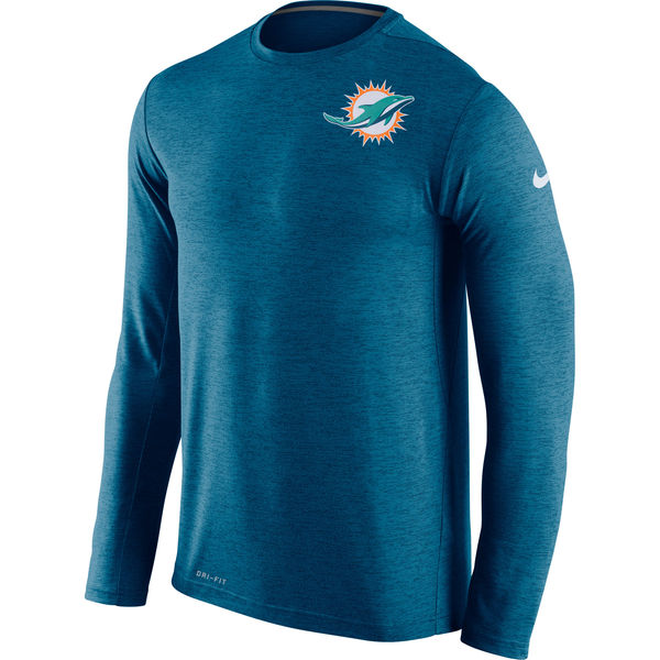Men's Miami Dolphins Nike Aqua Dri FIT Touch Long Sleeve Performance T-Shirt - Click Image to Close