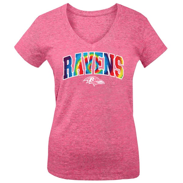 Baltimore Ravens 5th & Ocean by New Era Girls Youth Tie Dye Tri Blend V Neck T-Shirt Pink - Click Image to Close