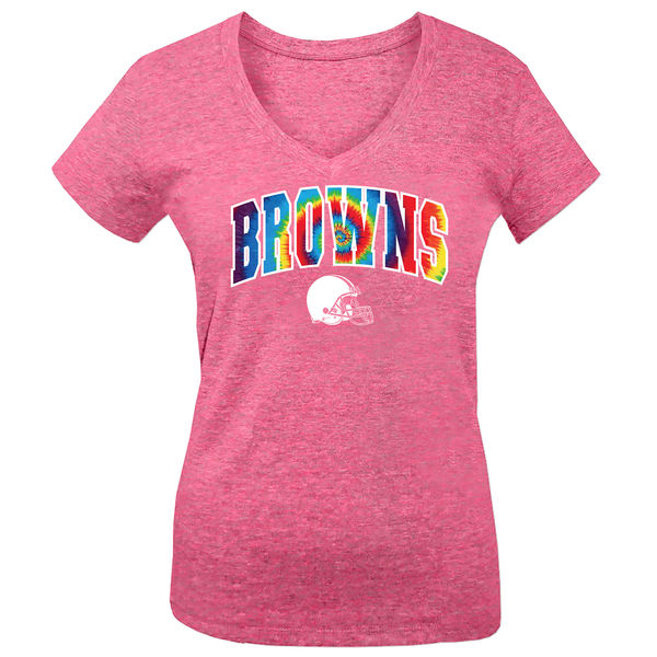 Cleveland Browns 5th & Ocean by New Era Girls Youth Tie Dye Tri Blend V Neck T-Shirt Pink - Click Image to Close