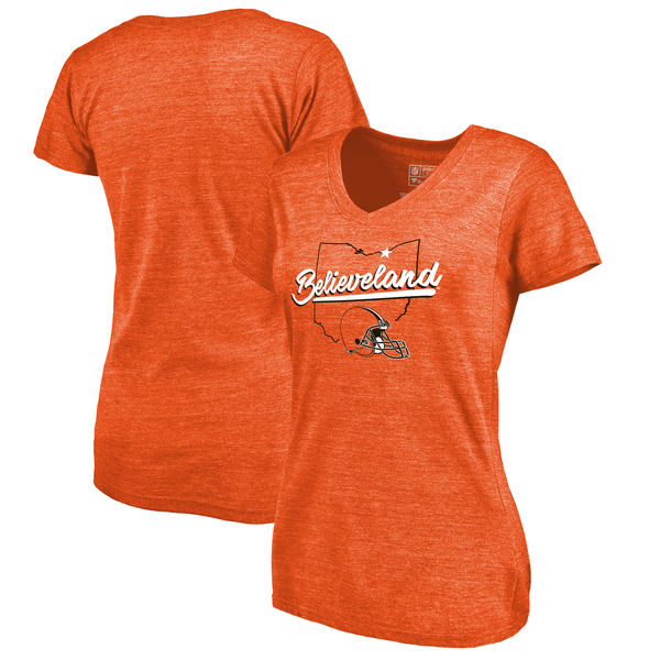 Cleveland Browns NFL Pro Line by Fanatics Branded Women's Believeland Tri Blend Slim Fit V Neck T-Shirt Orange