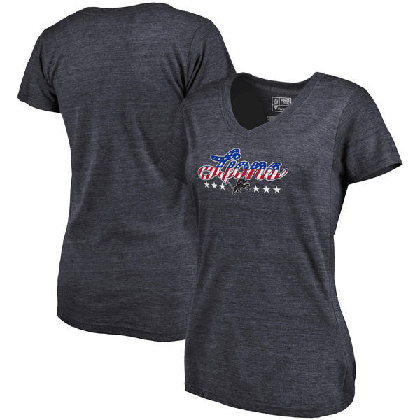 Detroit Lions NFL Pro Line by Fanatics Branded Women's Spangled Script Tri Blend T-Shirt Navy