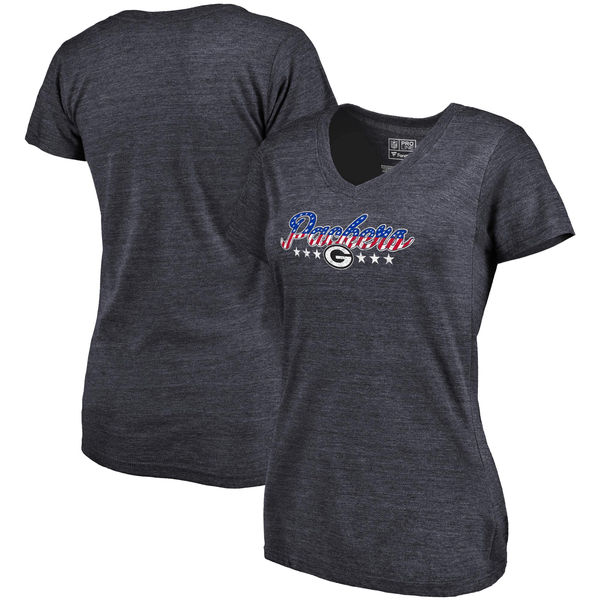 Green Bay Packers NFL Pro Line by Fanatics Branded Women's Spangled Script Tri Blend T-Shirt Navy