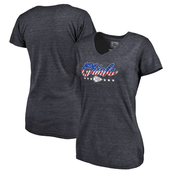 Kansas City Chiefs NFL Pro Line by Fanatics Branded Women's Spangled Script Tri Blend T-Shirt Navy