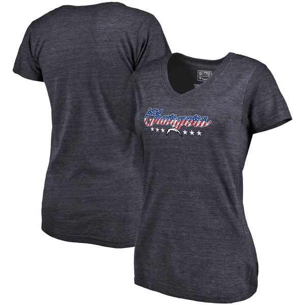 Los Angeles Chargers NFL Pro Line by Fanatics Branded Women's Spangled Script Tri Blend T-Shirt Navy - Click Image to Close