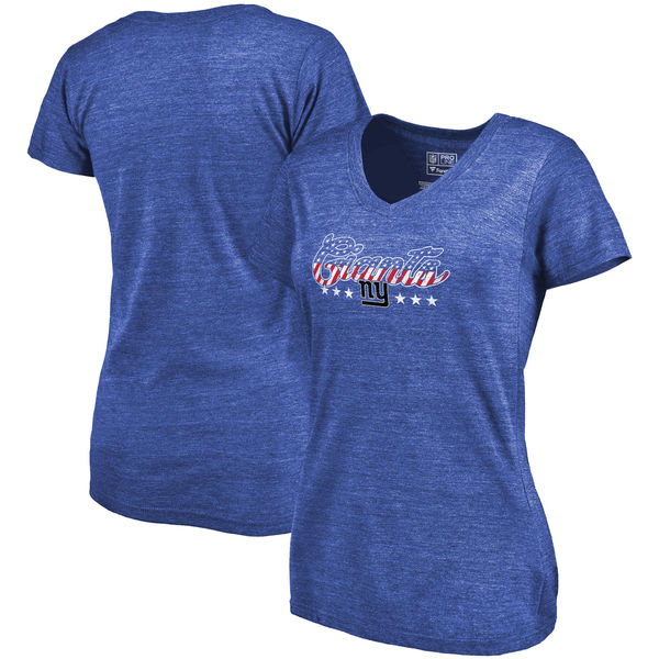 New York Giants NFL Pro Line by Fanatics Branded Women's Spangled Script Tri Blend T-Shirt Blue