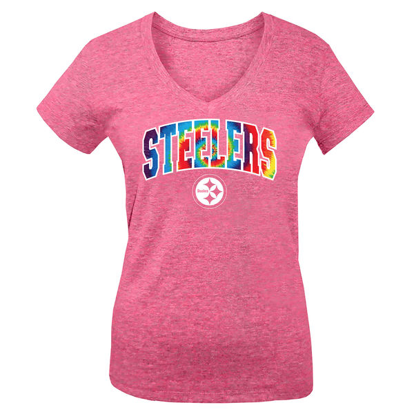 Pittsburgh Steelers 5th & Ocean by New Era Girls Youth Tie Dye Tri Blend V Neck T-Shirt Pink