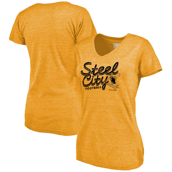 Pittsburgh Steelers NFL Pro Line Women's Hometown Collection Tri Blend V Neck T-Shirt Heathered Gold