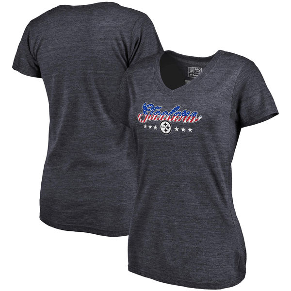 Pittsburgh Steelers NFL Pro Line by Fanatics Branded Women's Spangled Script Tri Blend T-Shirt Navy