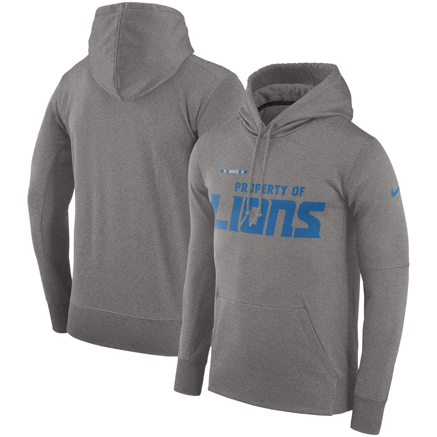 Men's Detroit Lions Nike Heather Gray Sideline Property Of Performance Pullover Hoodie - Click Image to Close