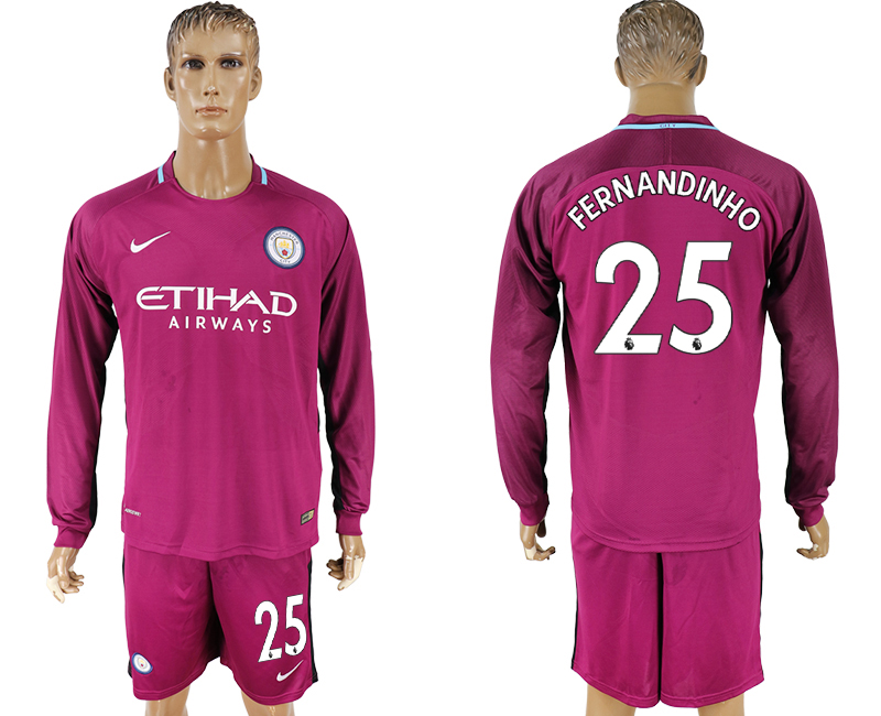 2017-18 Manchester City 25 FERNANDINHO Away Long Sleeve Soccer Jersey