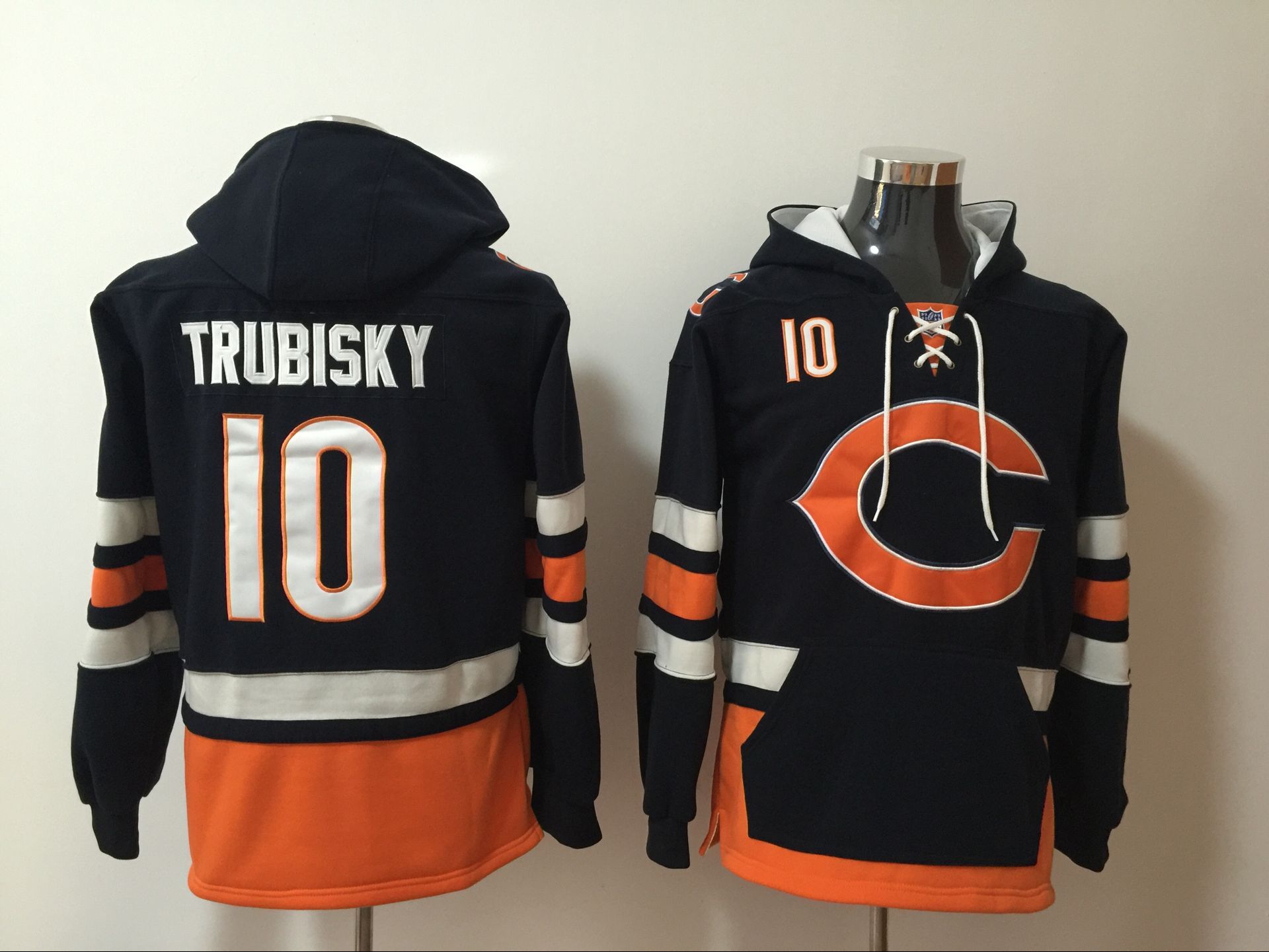 Chicago Bears 10 Mitchell Trubisky Navy All Stitched Hooded Sweatshirt - Click Image to Close