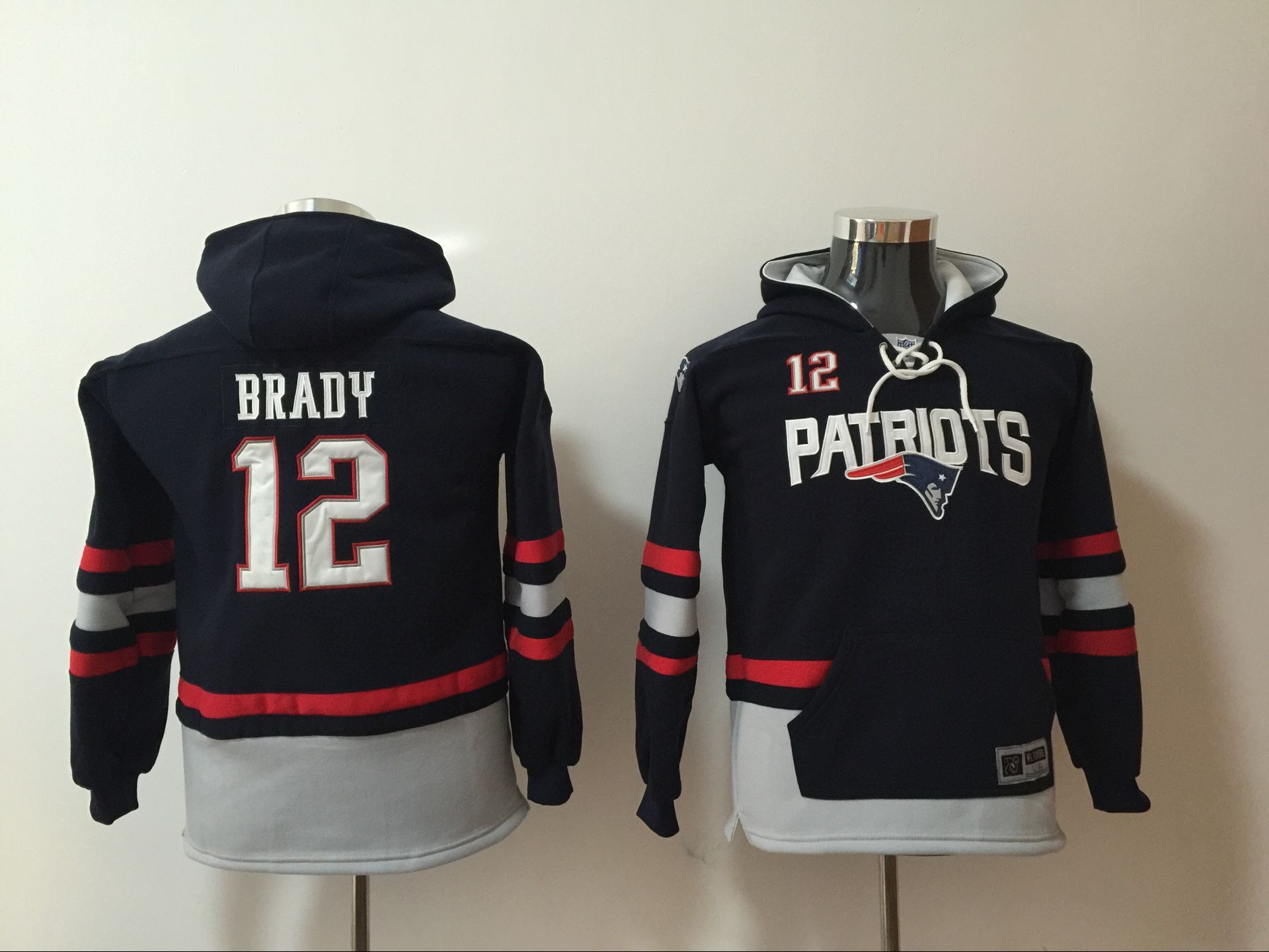 New England Patriots 12 Tom Brady Navy Youth All Stitched Hooded Sweatshirt