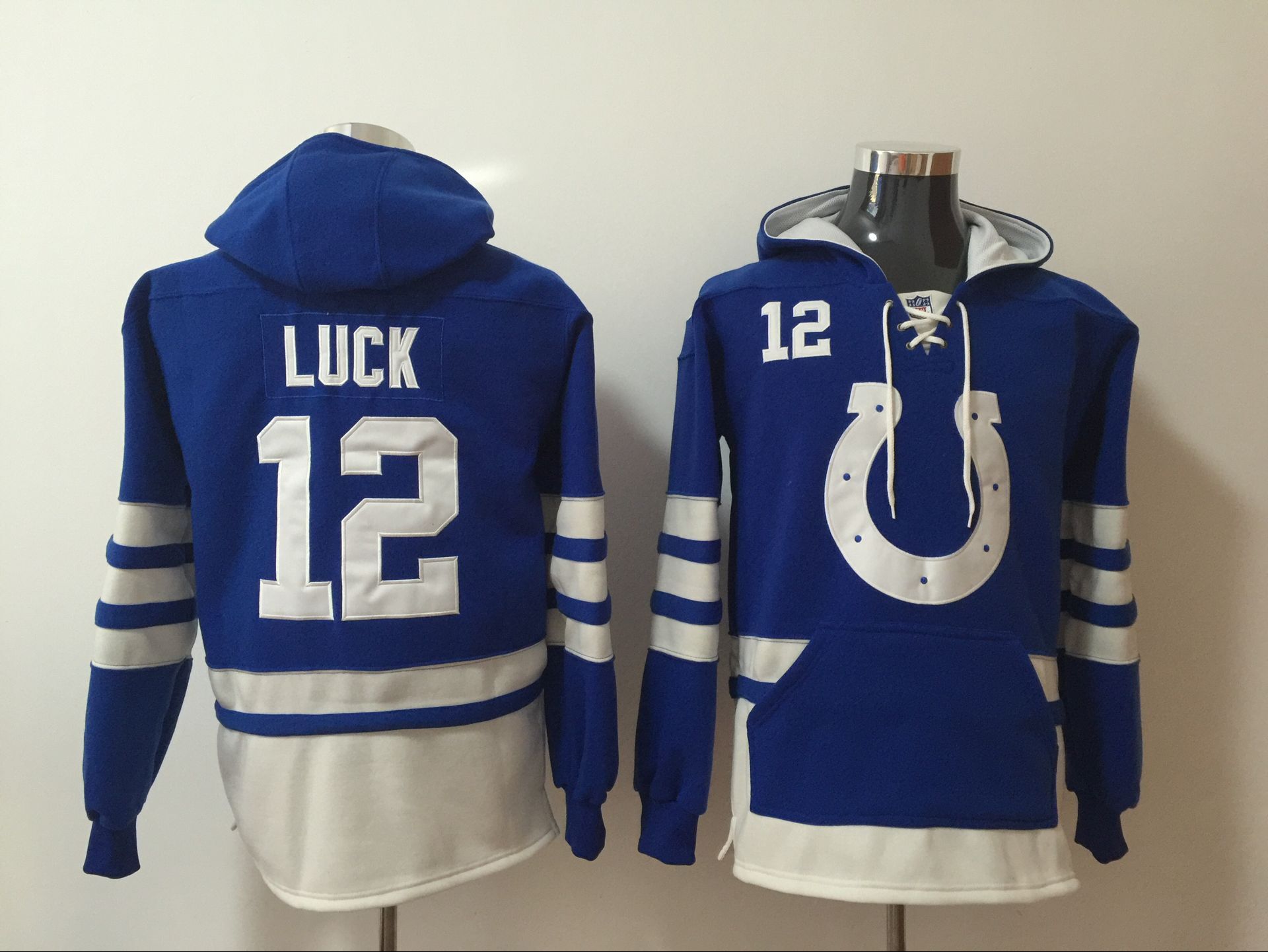 Indianapolis Colts 12 Andrew Luck Blue All Stitched Hooded Sweatshirt