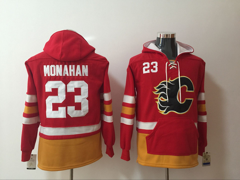 Flames 23 Sean Monahan Red All Stitched Hooded Sweatshirt - Click Image to Close