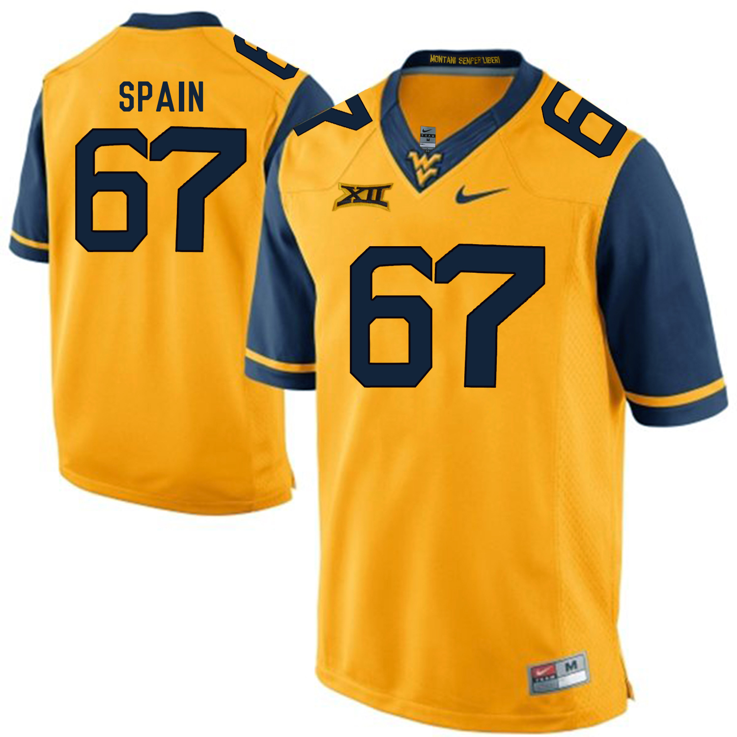 West Virginia Mountaineers 67 Quinton Spain Gold College Football Jersey - Click Image to Close