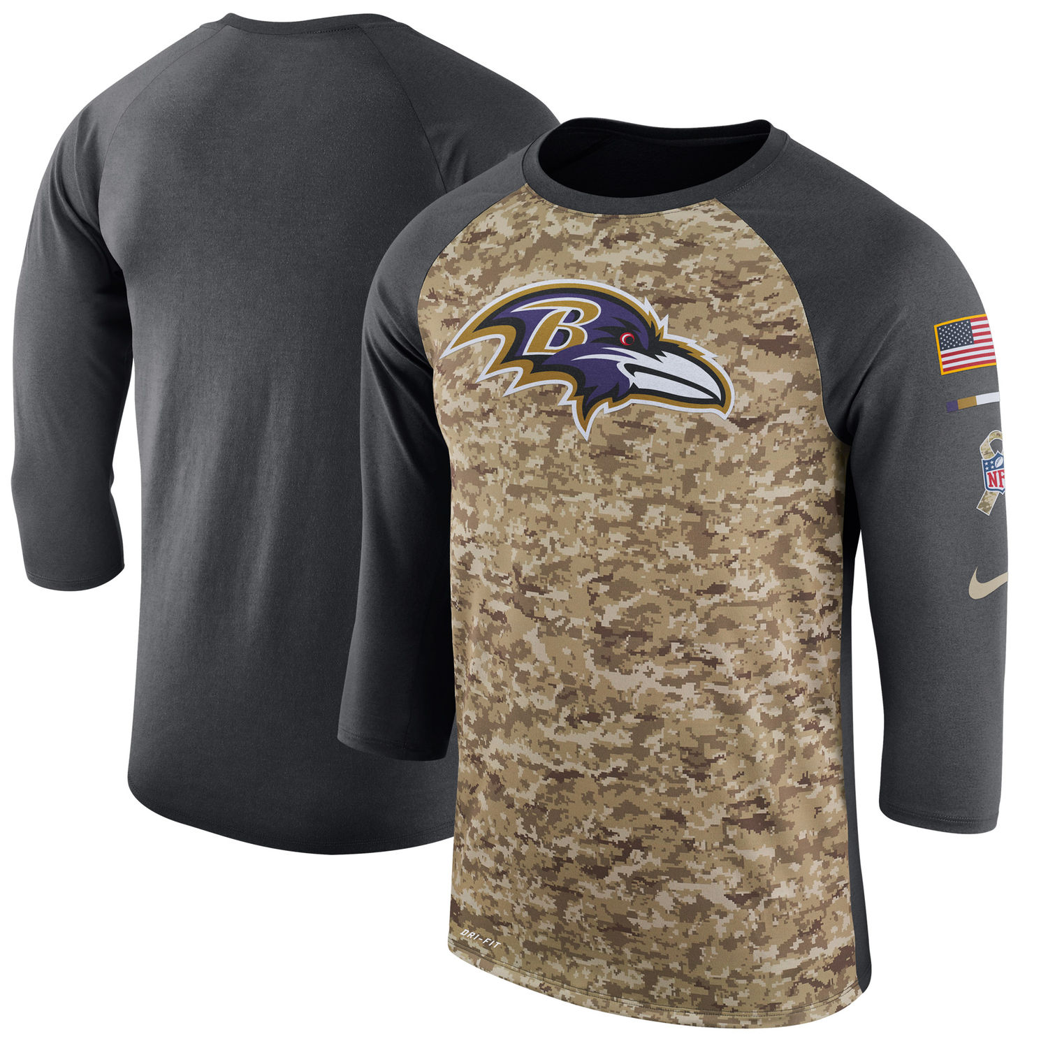 Men's Baltimore Ravens Nike Camo Anthracite Salute to Service Sideline Legend Performance Three-Quarter Sleeve T Shirt - Click Image to Close