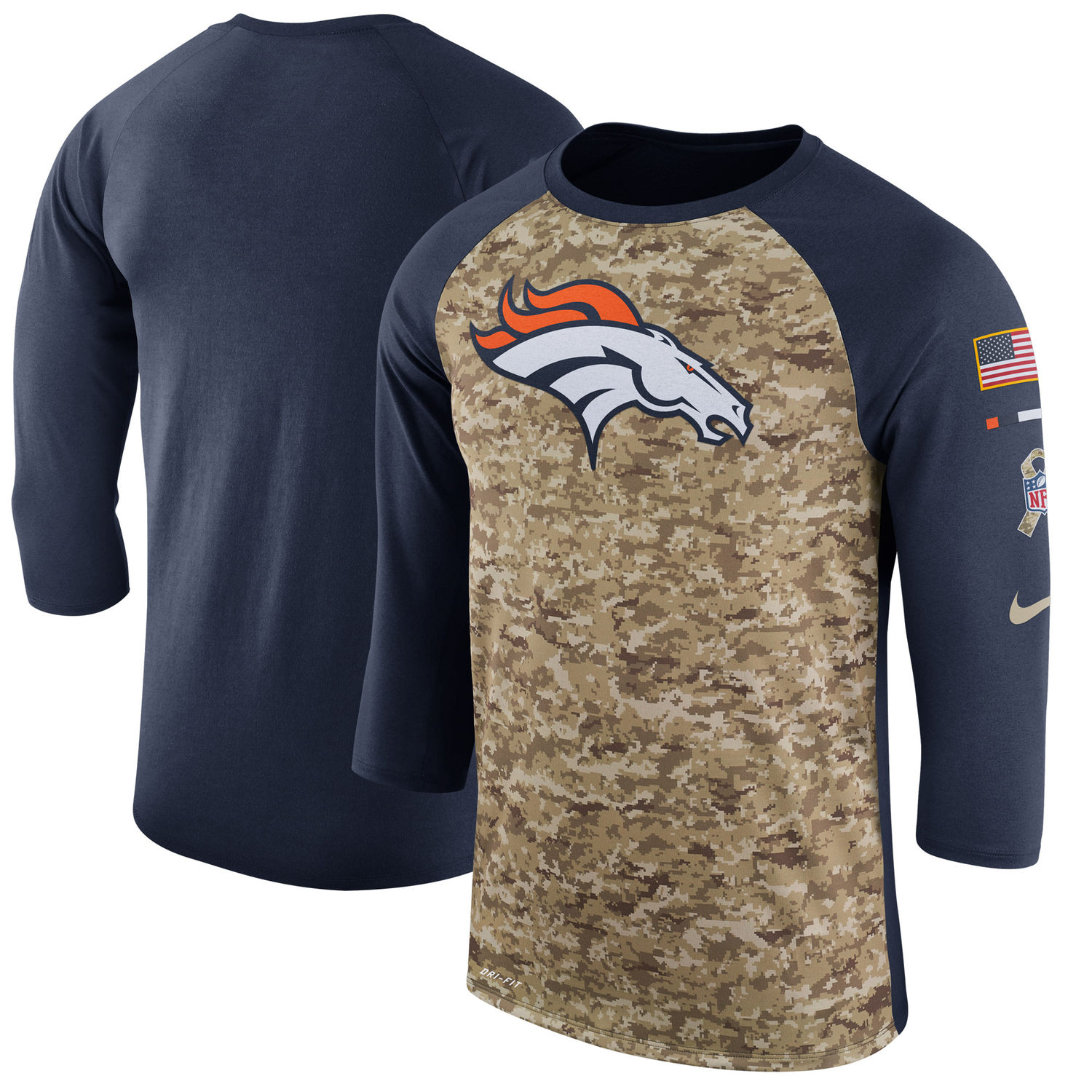Men's Denver Broncos Nike Camo Navy Salute to Service Sideline Legend Performance Three-Quarter Sleeve T Shirt