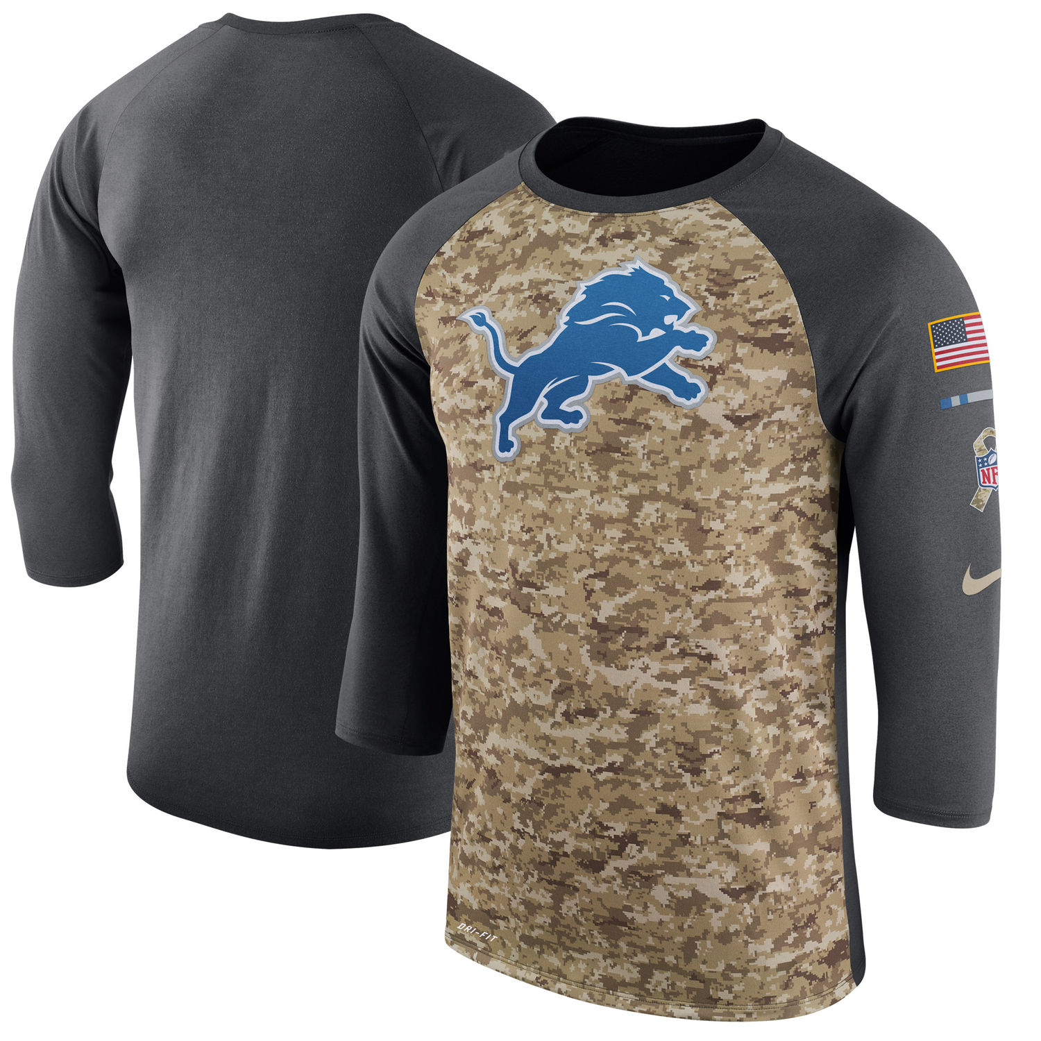 Men's Detroit Lions Nike Camo Anthracite Salute to Service Sideline Legend Performance Three-Quarter Sleeve T Shirt - Click Image to Close