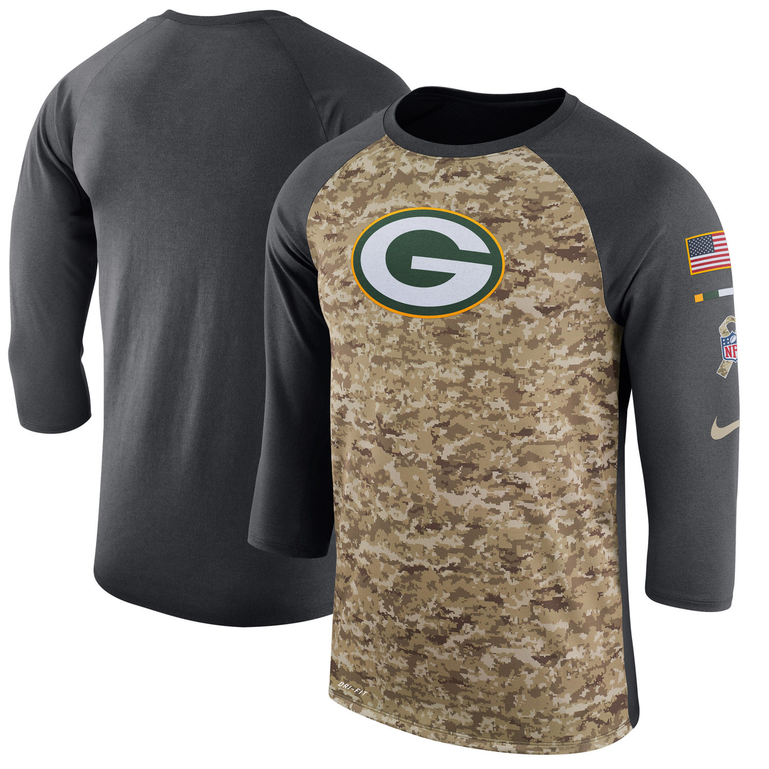 Men's Green Bay Packers Nike Camo Anthracite Salute to Service Sideline Legend Performance Three-Quarter Sleeve T Shirt