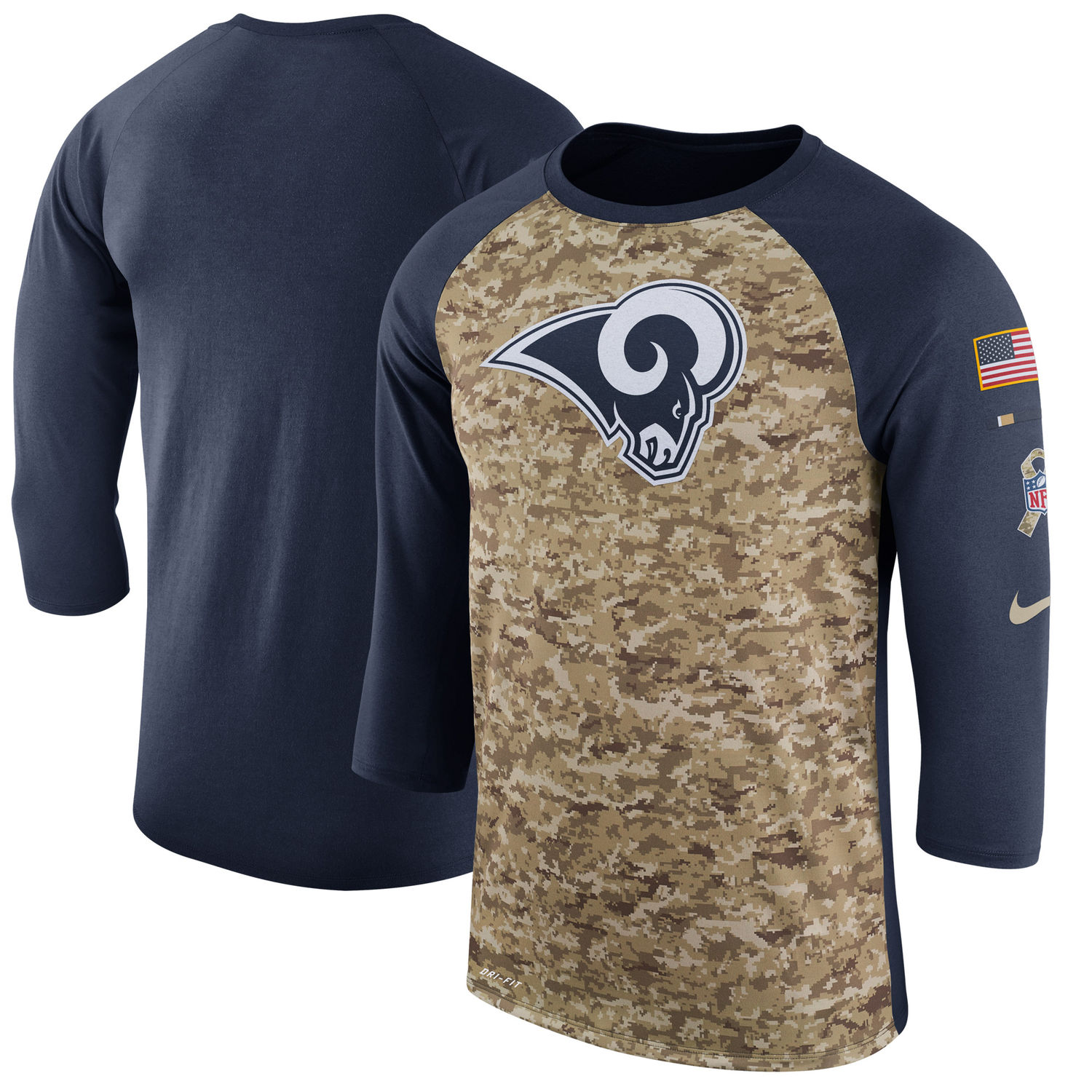 Men's Los Angeles Rams Nike Camo Navy Salute to Service Sideline Legend Performance Three-Quarter Sleeve T Shirt