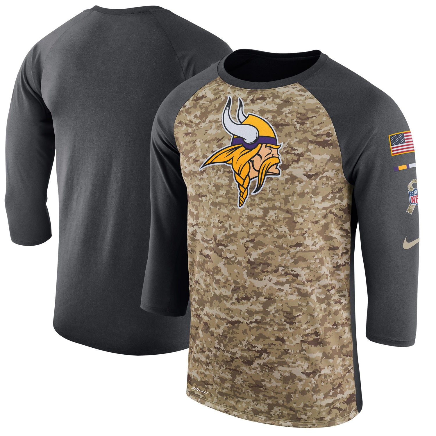 Men's Minnesota Vikings Nike Camo Anthracite Salute to Service Sideline Legend Performance Three-Quarter Sleeve T Shirt