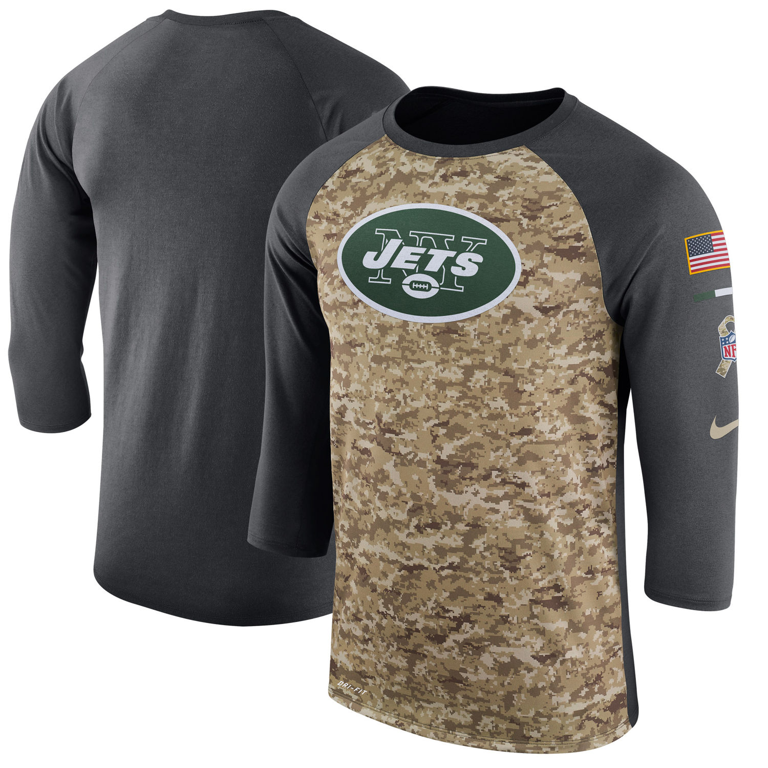 Men's New York Jets Nike Camo Anthracite Salute to Service Sideline Legend Performance Three-Quarter Sleeve T Shirt - Click Image to Close
