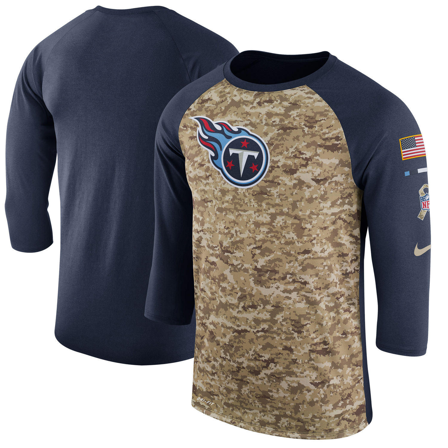 Men's Tennessee Titans Nike Camo Navy Salute to Service Sideline Legend Performance Three-Quarter Sleeve T Shirt - Click Image to Close
