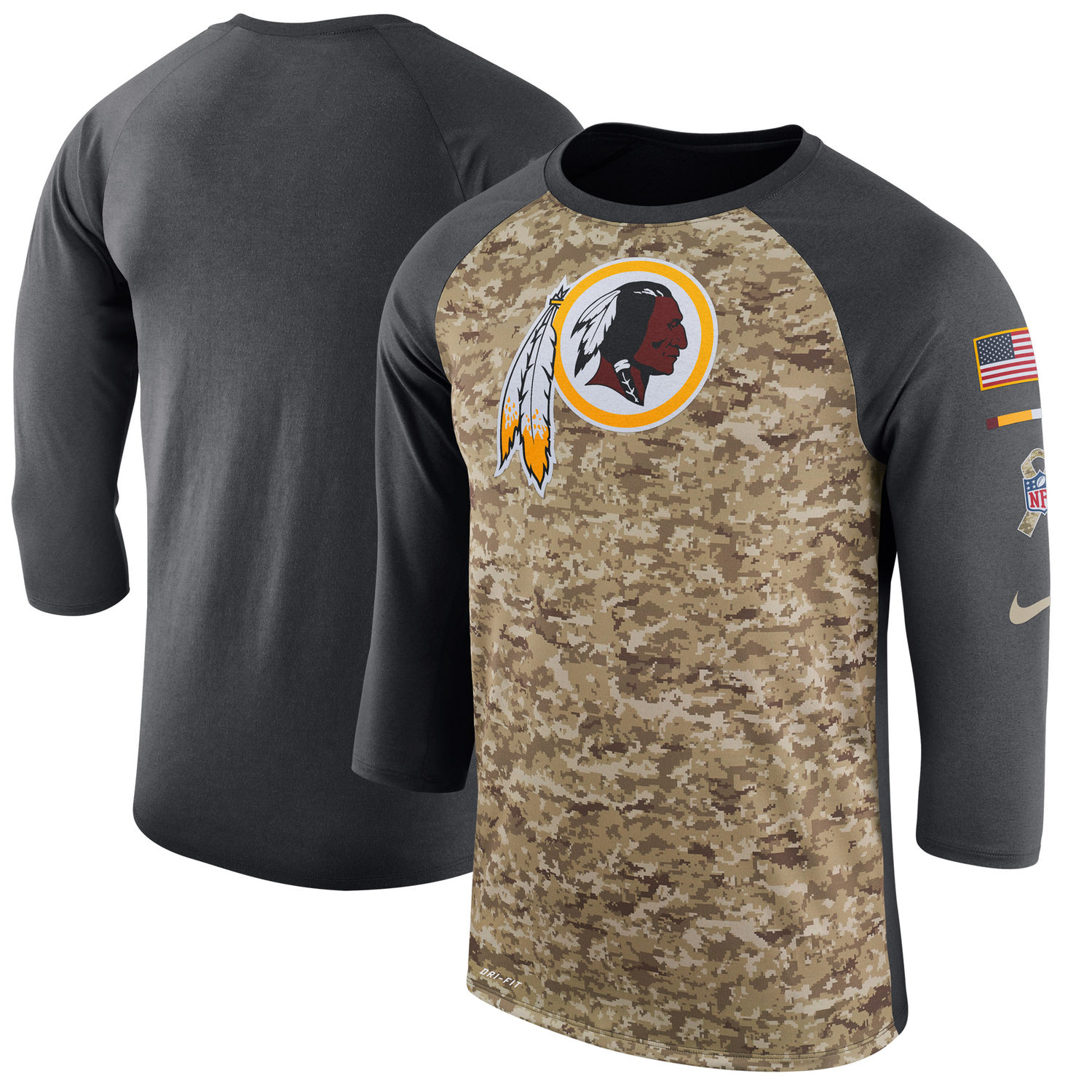 Men's Washington Redskins Nike Camo Anthracite Salute to Service Sideline Legend Performance Three-Quarter Sleeve T Shirt