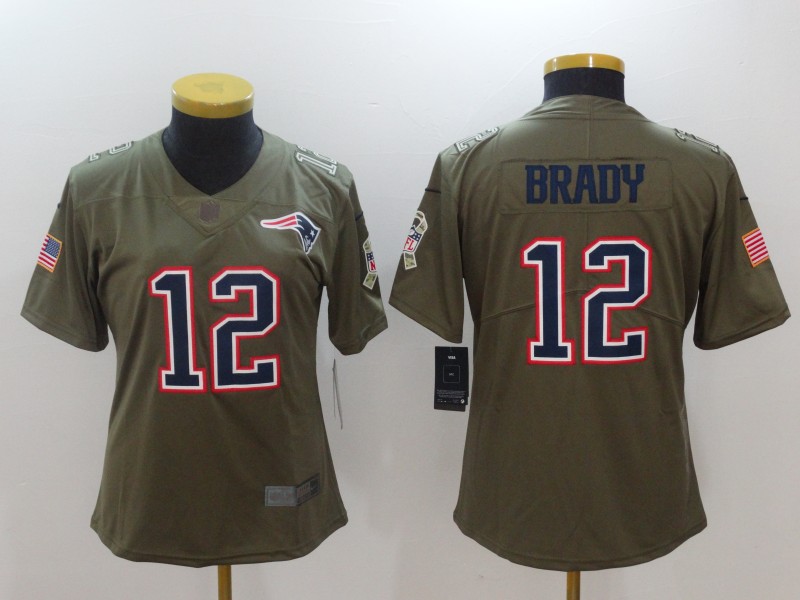 Nike Patriots 12 Tom Brady Women Olive Salute To Service Limited Jersey