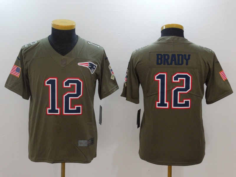 Nike Patriots 12 Tom Brady Youth Olive Salute To Service Limited Jersey