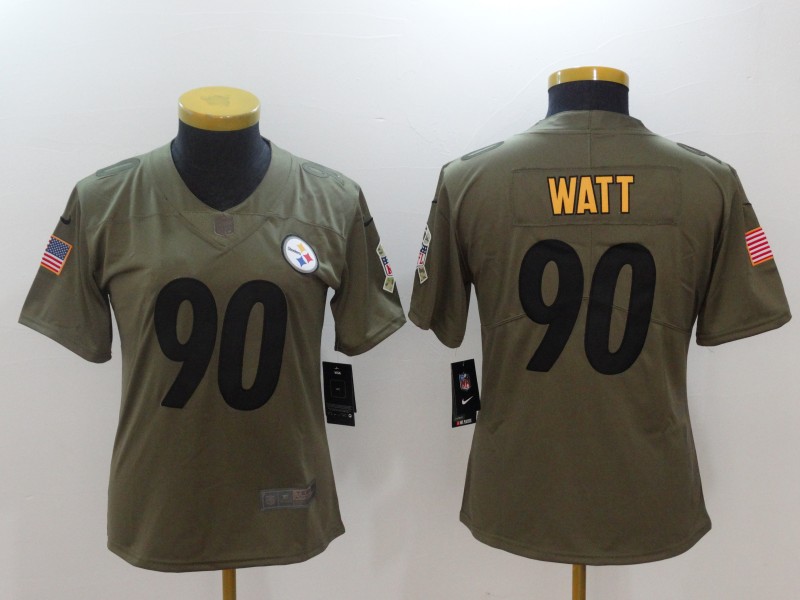 Nike Steelers 90 T.J. Watt Women Olive Salute To Service Limited Jersey