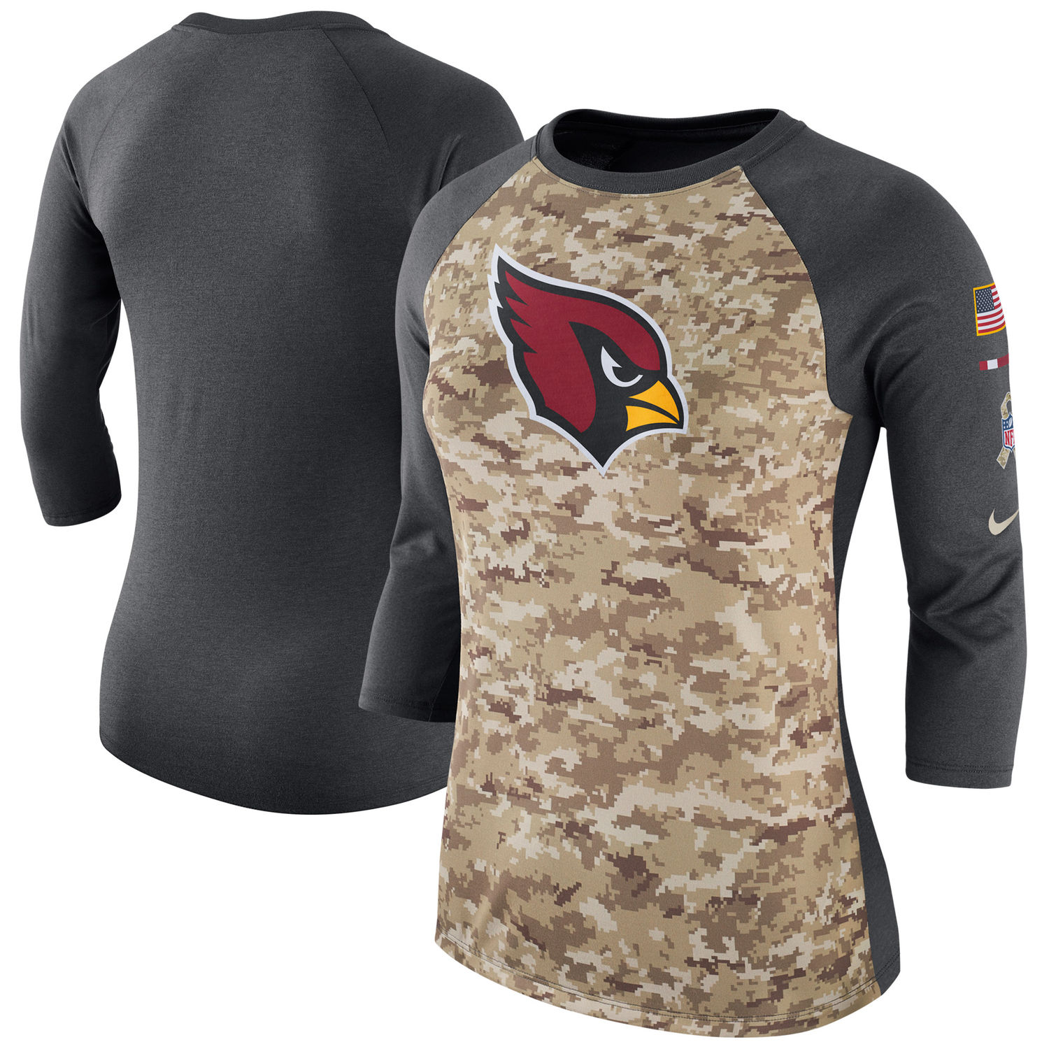 Women's Arizona Cardinals Nike Camo Charcoal Salute to Service Legend Three-Quarter Raglan Sleeve T Shirt - Click Image to Close