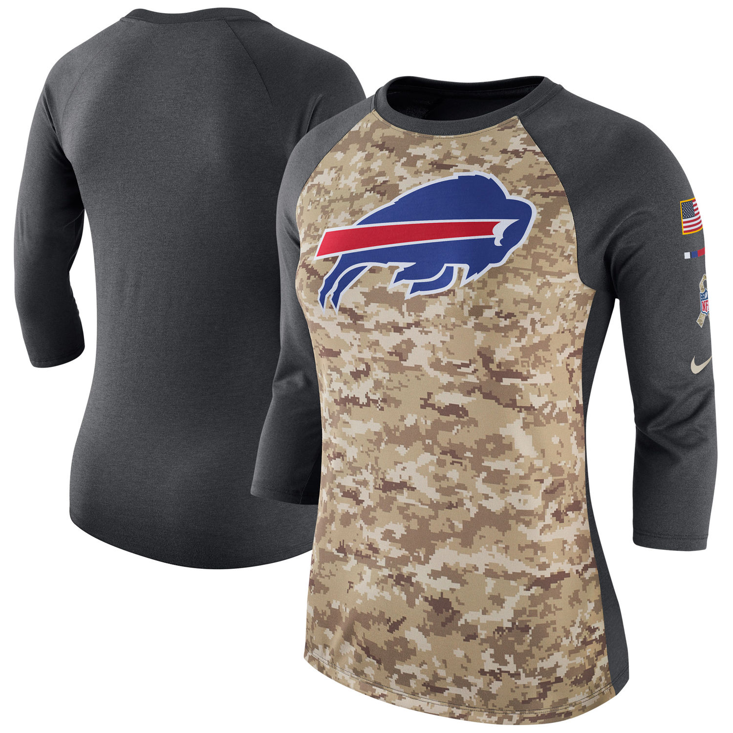 Women's Buffalo Bills Nike Camo Charcoal Salute to Service Legend Three-Quarter Raglan Sleeve T Shirt