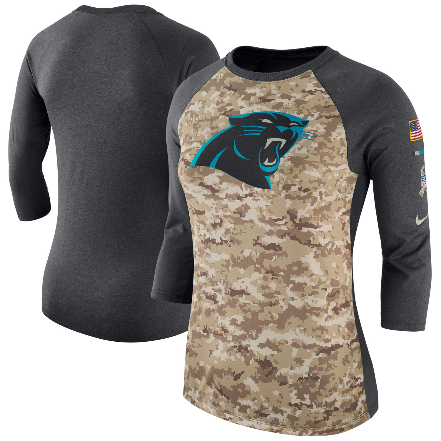 Women's Carolina Panthers Nike Camo Charcoal Salute to Service Legend Three-Quarter Raglan Sleeve T Shirt - Click Image to Close