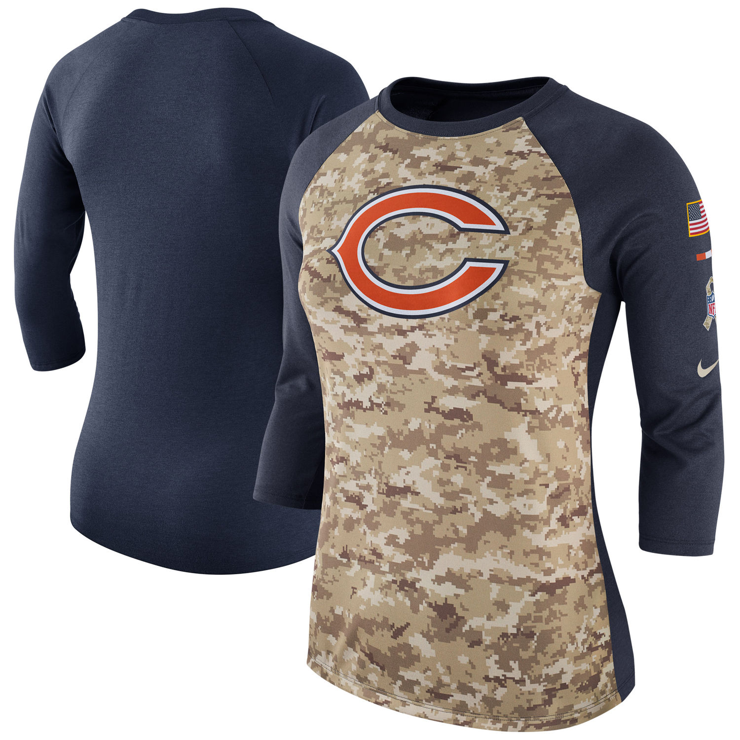 Women's Chicago Bears Nike Camo Navy Salute to Service Legend Three-Quarter Raglan Sleeve T Shirt
