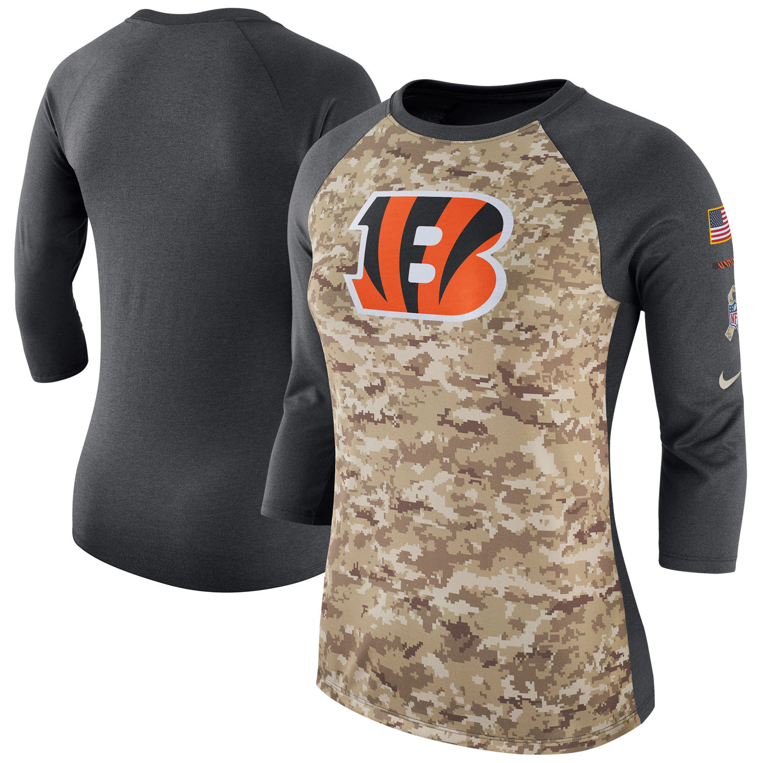 Women's Cincinnati Bengals Nike Camo Charcoal Salute to Service Legend Three-Quarter Raglan Sleeve T Shirt