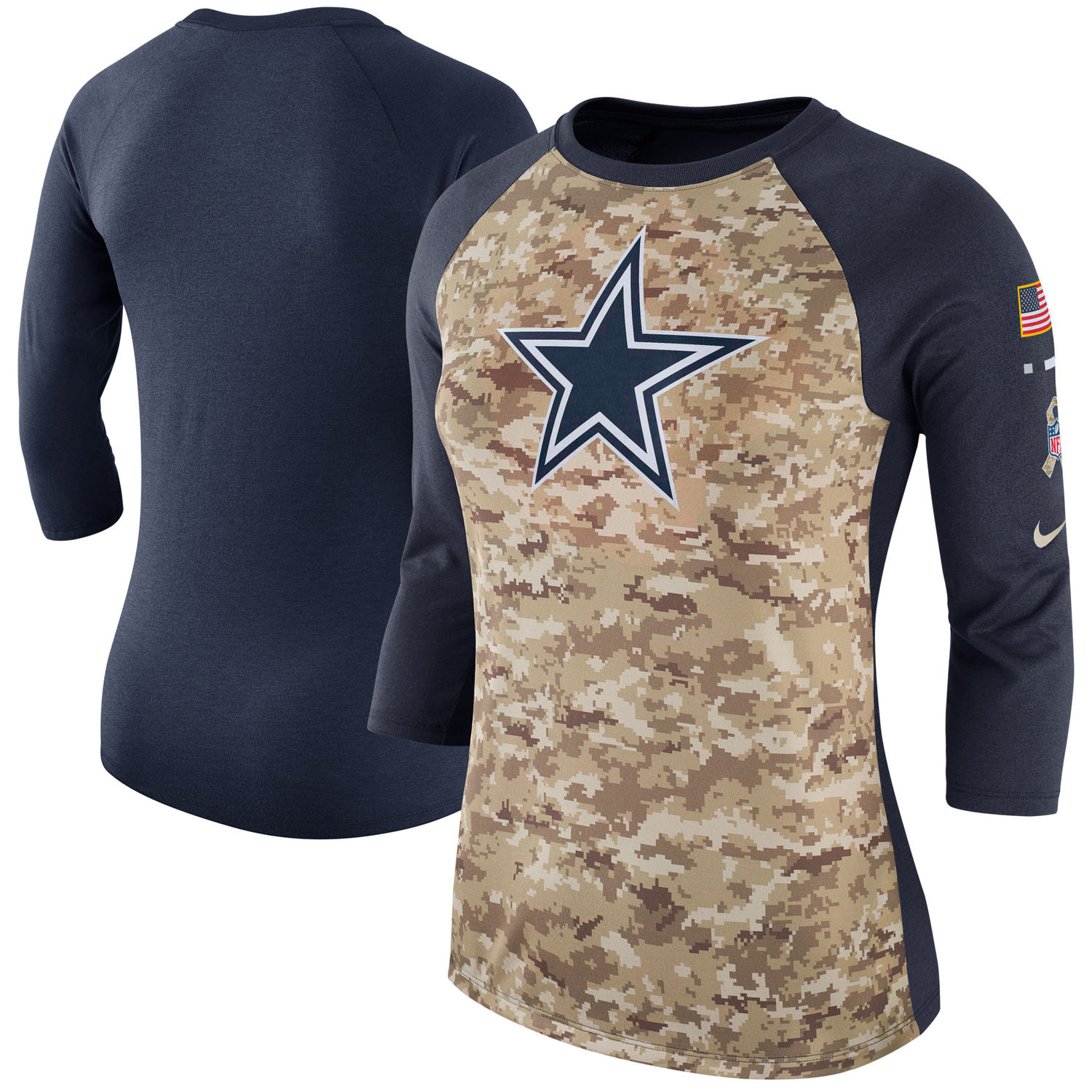 Women's Dallas Cowboys Nike Camo Navy Salute to Service Legend Three-Quarter Raglan Sleeve T Shirt