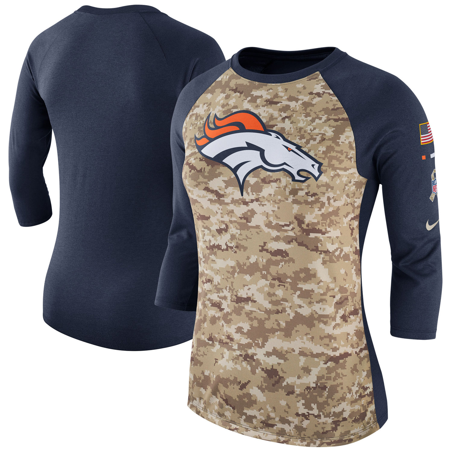 Women's Denver Broncos Nike Camo Navy Salute to Service Legend Three-Quarter Raglan Sleeve T Shir - Click Image to Close