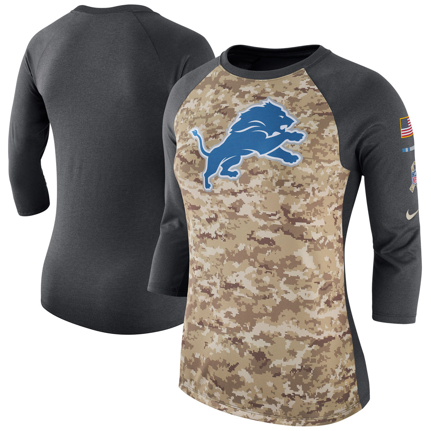 Women's Detroit Lions Nike Camo Charcoal Salute to Service Legend Three-Quarter Raglan Sleeve T Shirt