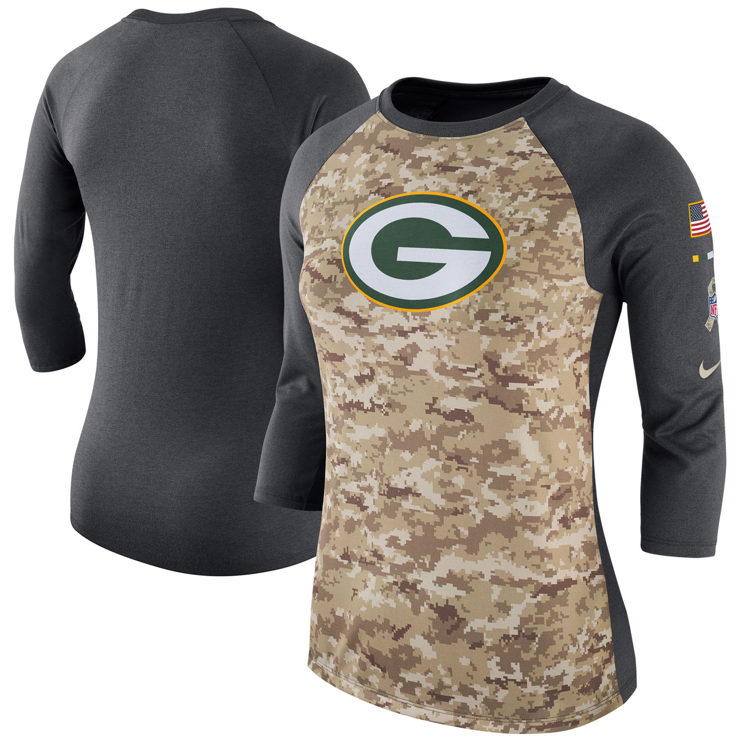 Women's Green Bay Packers Nike Camo Charcoal Salute to Service Legend Three-Quarter Raglan Sleeve T Shirt