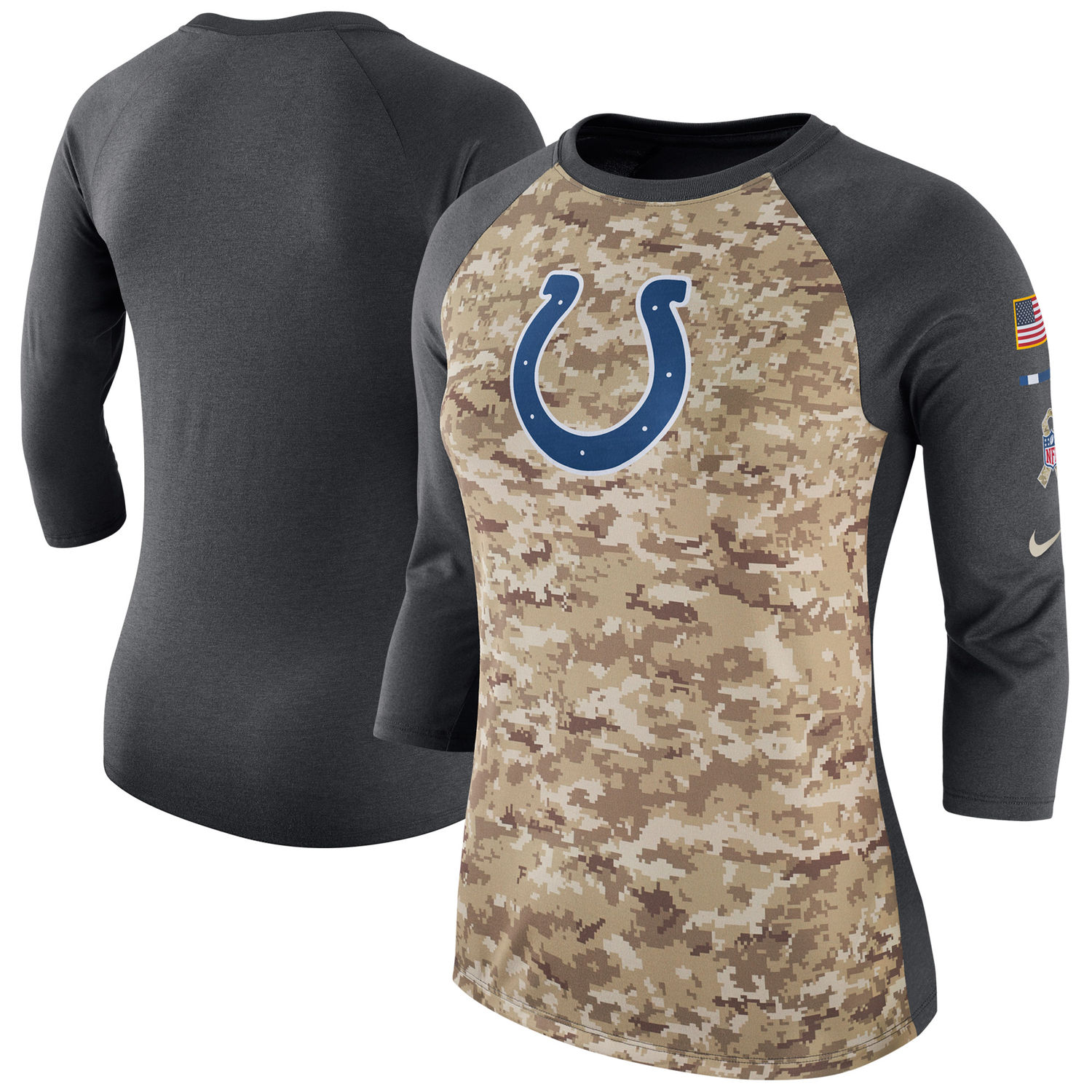Women's Indianapolis Colts Nike Camo Charcoal Salute to Service Legend Three-Quarter Raglan Sleeve T Shirt - Click Image to Close
