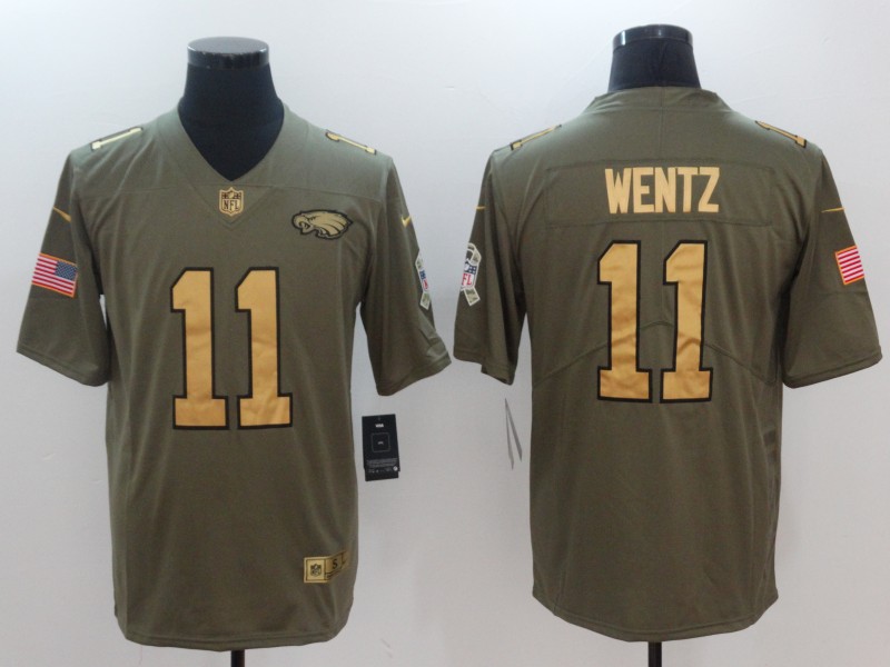 Nike Eagles 11 Carson Wentz Olive Gold Salute To Service Limited Jersey - Click Image to Close