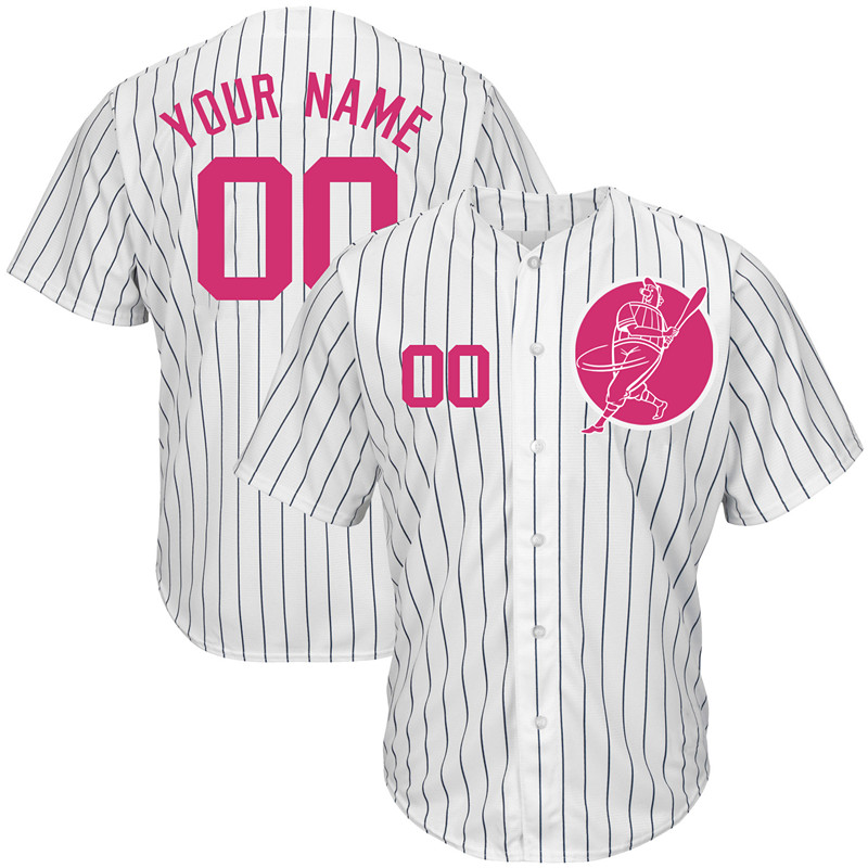 Yankees White Men's Customized Pink Logo New Design Jersey