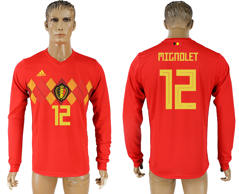 Belgium 12 MIGNOLET Home 2018 FIFA World Cup Long Sleeve Thailand Soccer Jersey - Click Image to Close