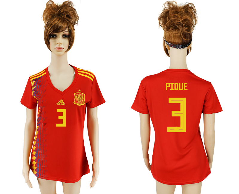 Spain 3 PIQUE Home Women 2018 FIFA World Cup Soccer Jersey