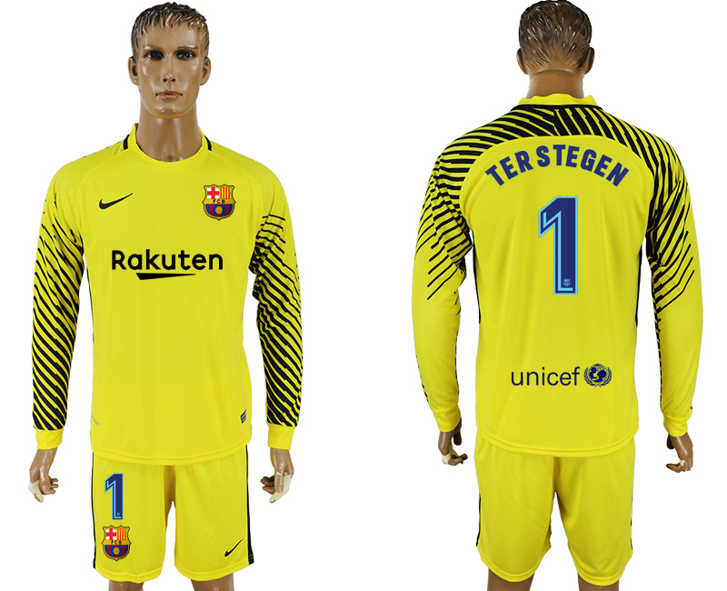 2017-18 Barcelona 1 TER STEGEN Yellow Long Sleeve Goalkeeper Soccer Jersey