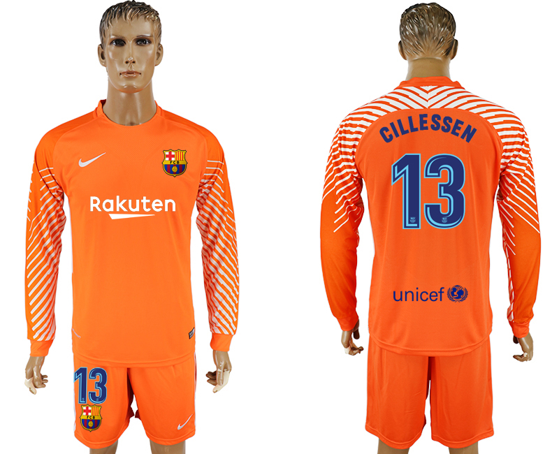 2017-18 Barcelona 13 CILLESSEN Orange Long Sleeve Goalkeeper Soccer Jersey